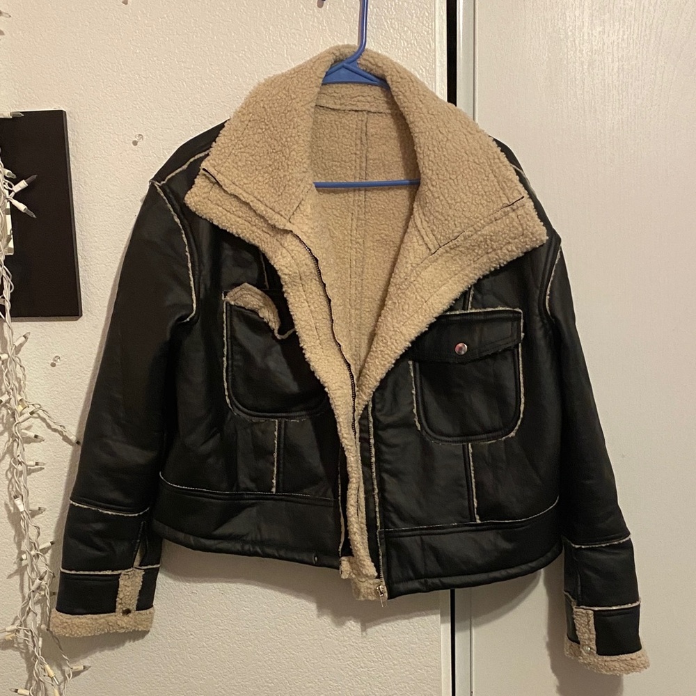Black Faux Leather Jacket with Shearling Lining